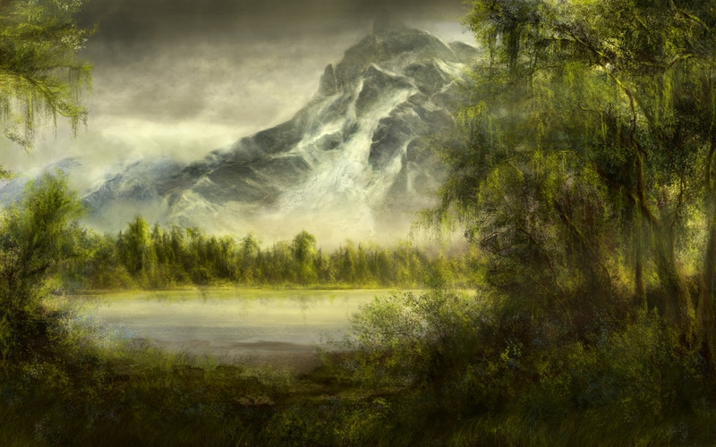 paintings mountains landscapes nature forest pond 2560x1600 wall