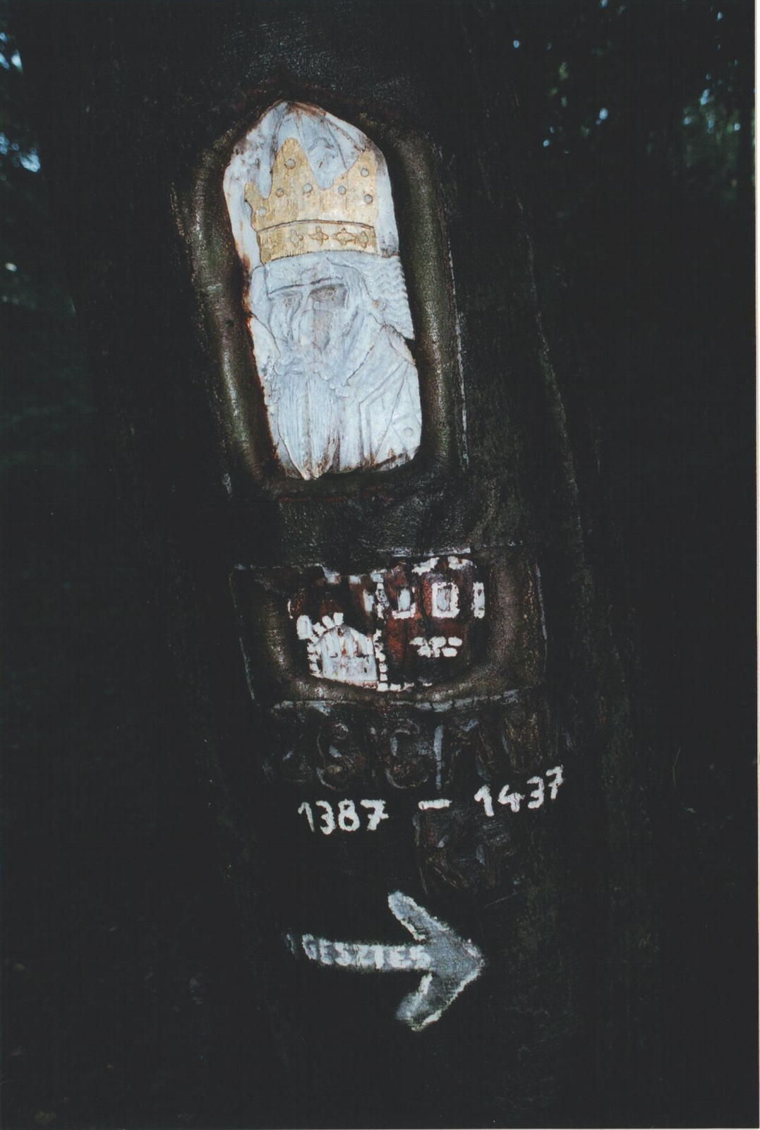 235 Zsigmond király faragott-festett képmása egy útszéli bükkfán