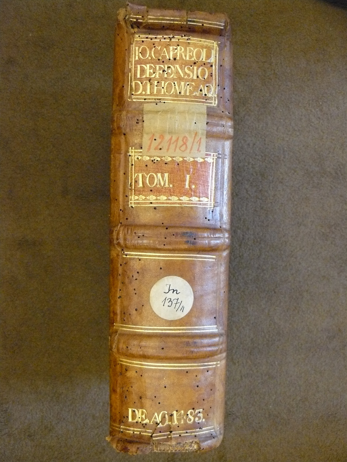 Capreolus első kötetének 18. században restaurált gerince raktár