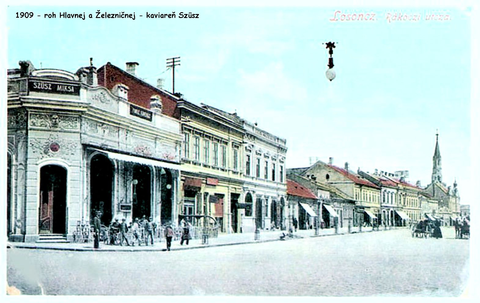 1909 - Masarykova ulica a roh Železničnej ulice s kaviarňou