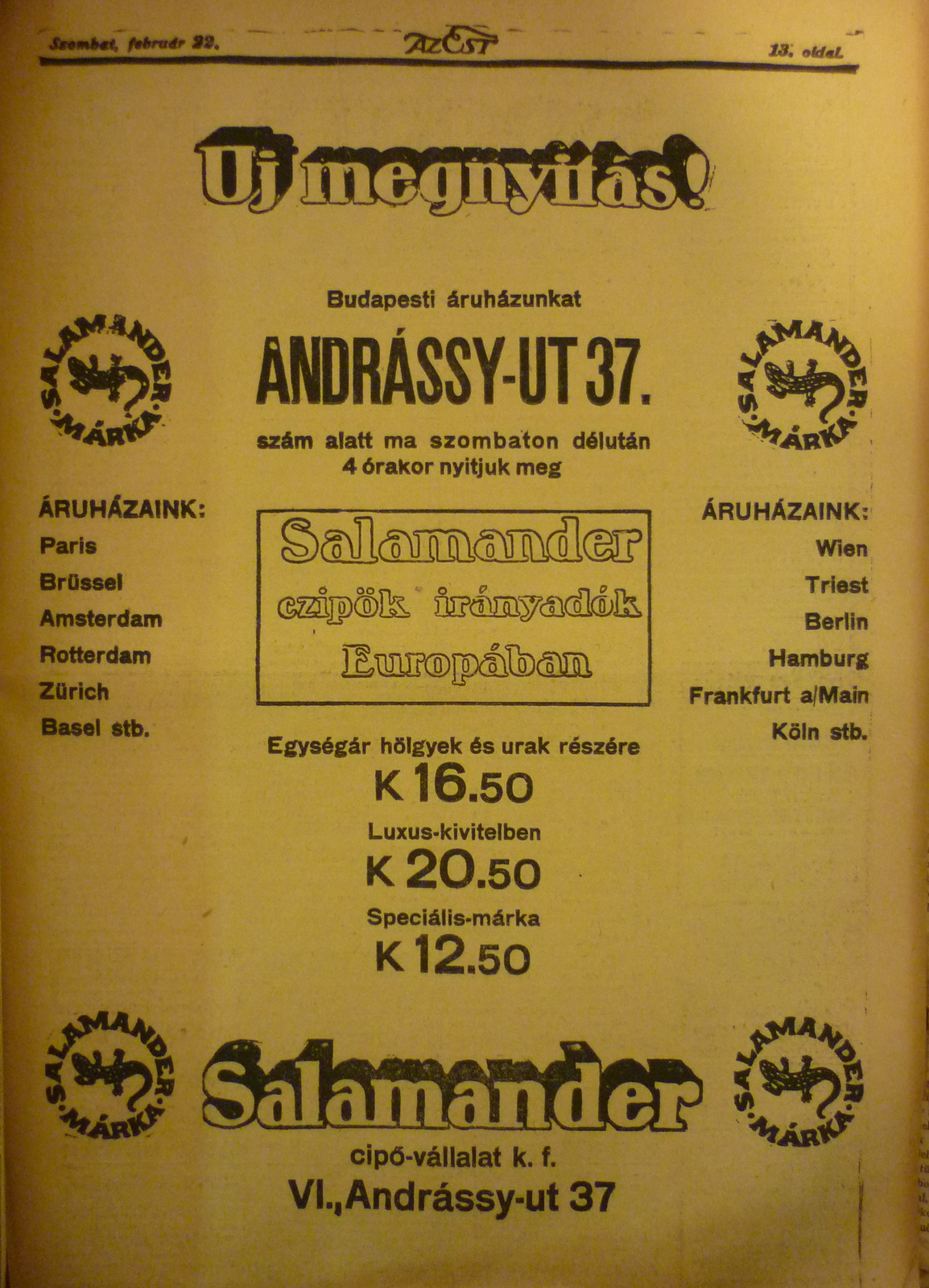 AndrassyUt37-1913Februar-AzEstHirdetes