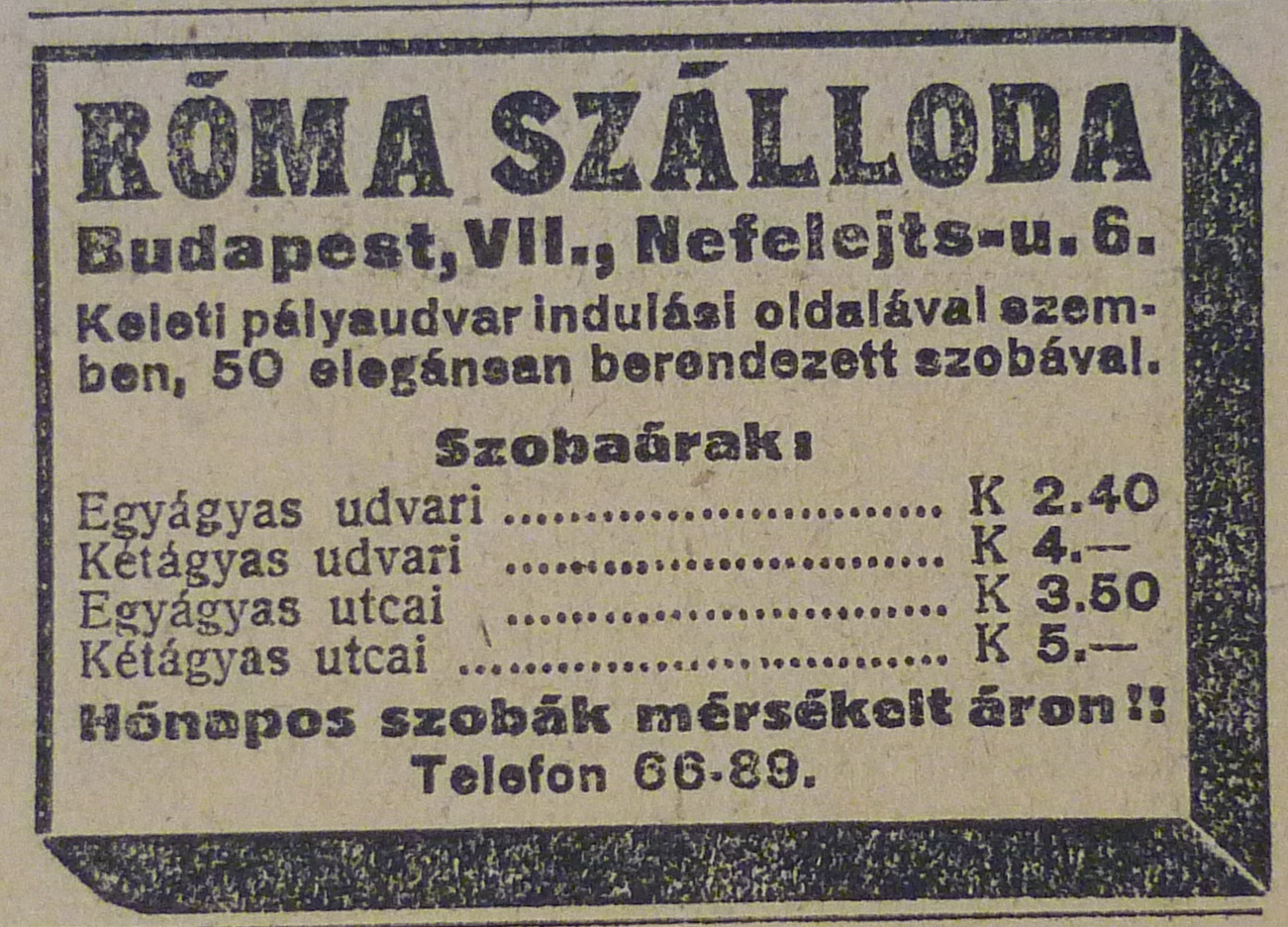 NefelejcsUtca6-RomaSzalloda-1913Julius-AzEstHirdetes