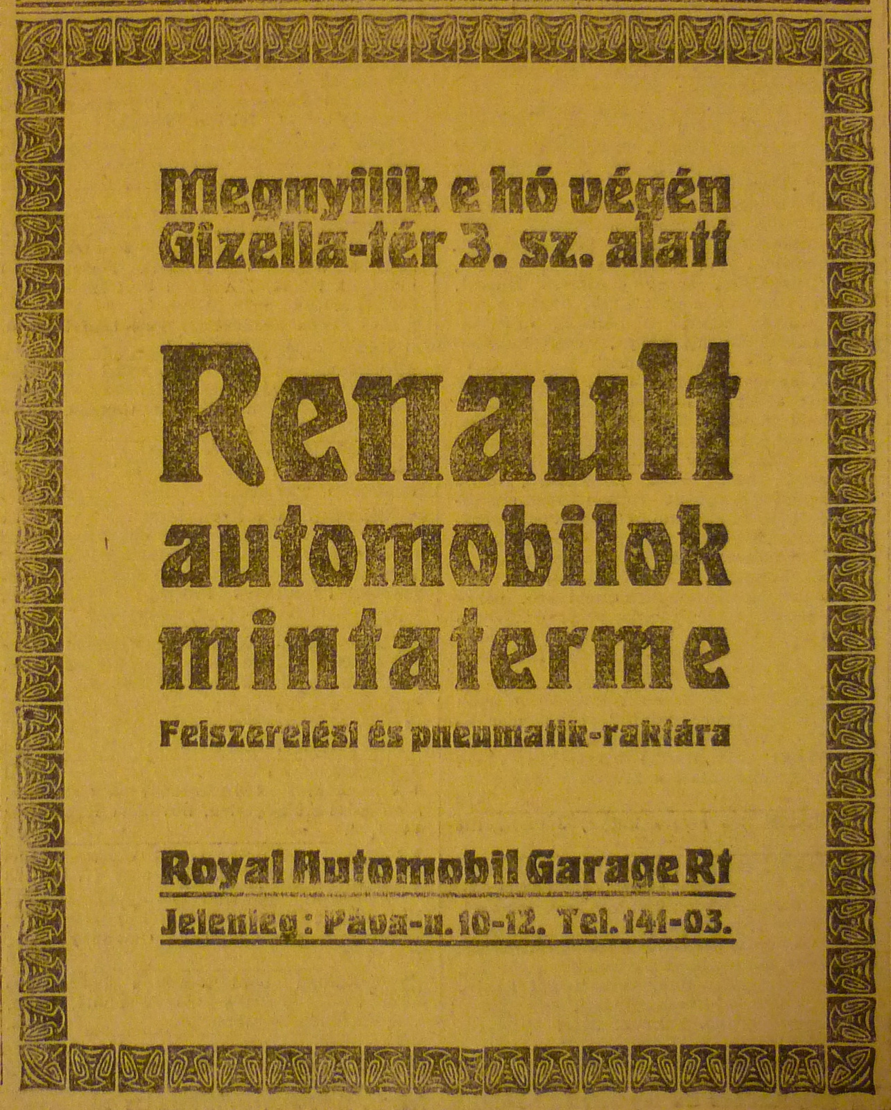 VorosmartyTer3-Renault-1913Junius-AzEstHirdetes