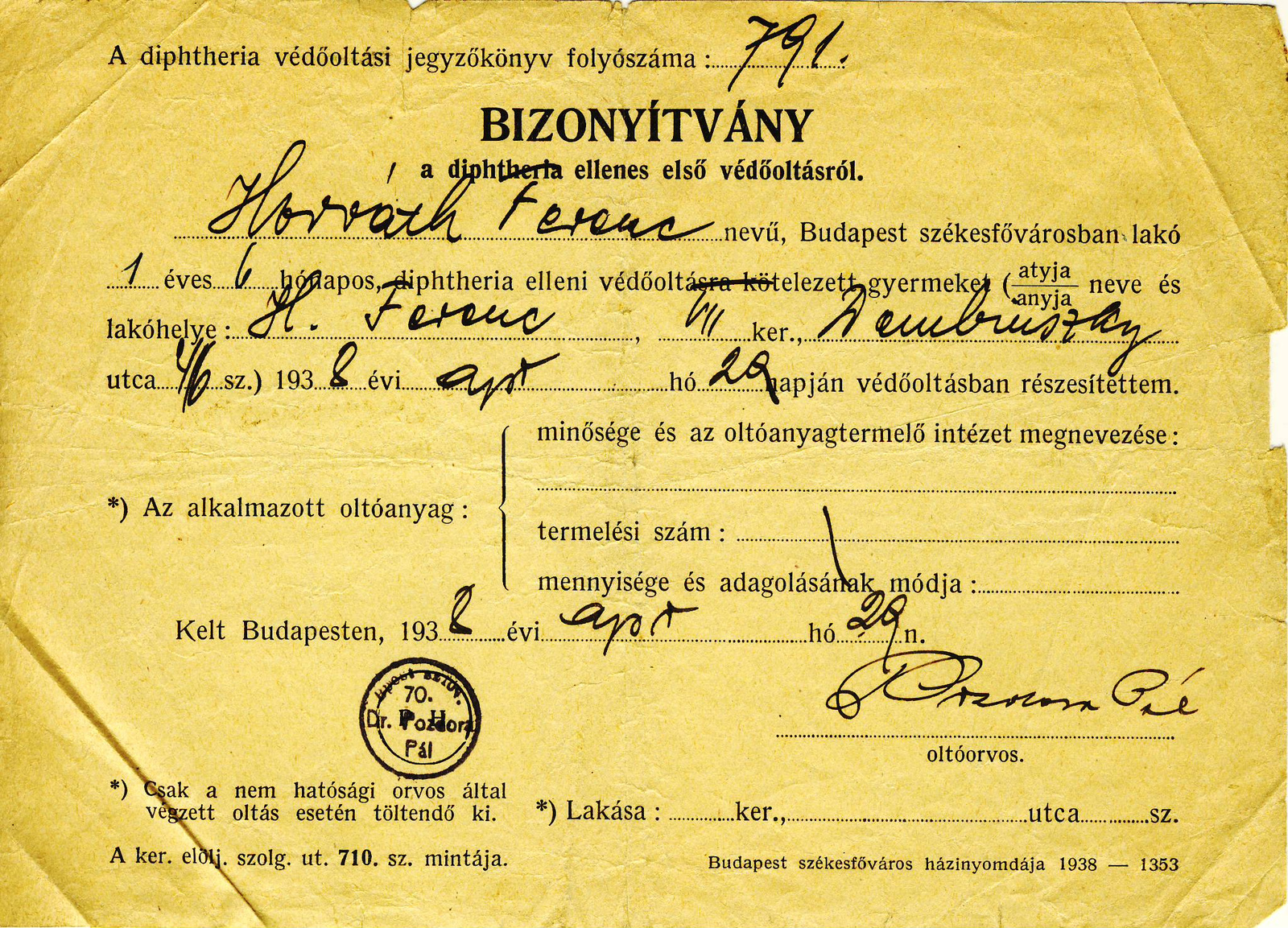 1938. Horváth Ferenc fia Ferkó bizonyítványa a védőoltásról