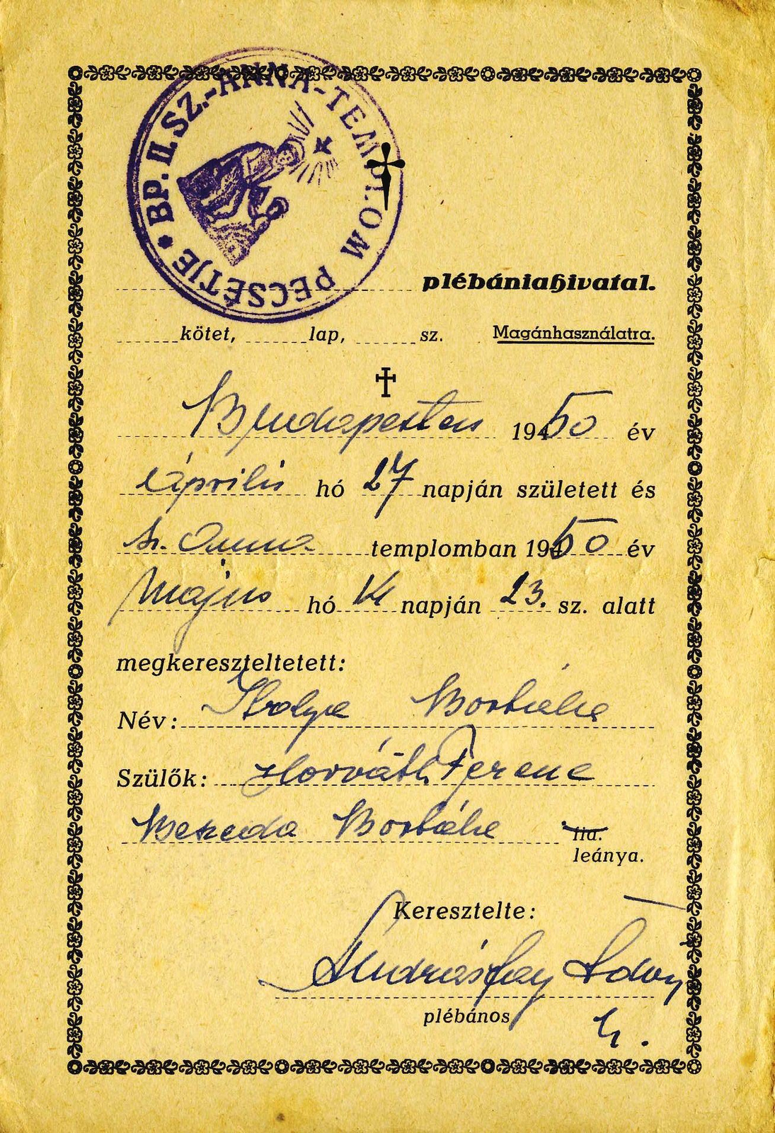 1950.05.14. Balogh Lászlóné Ibolya keresztlevele