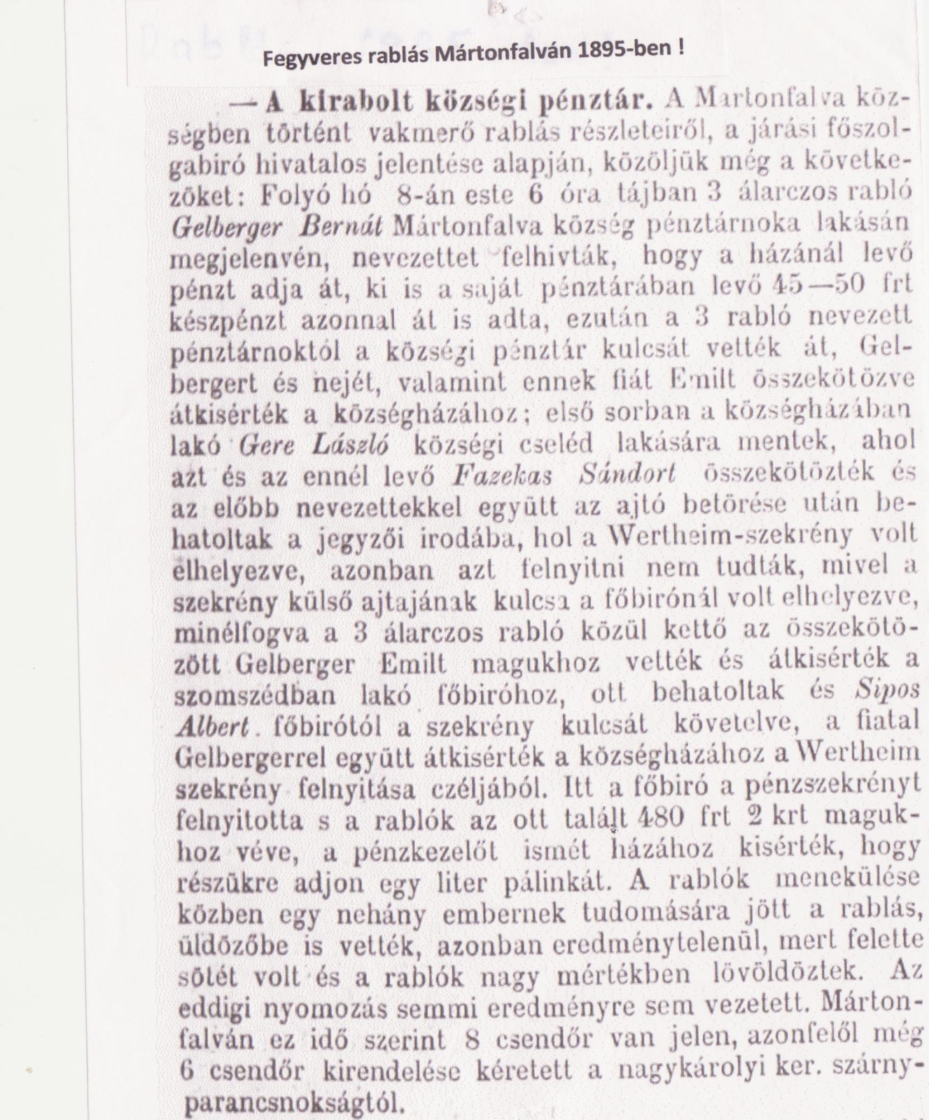 Fegyveres rablótámadás Mártonfalván 1895-ben, forrás- Hajdú Biha