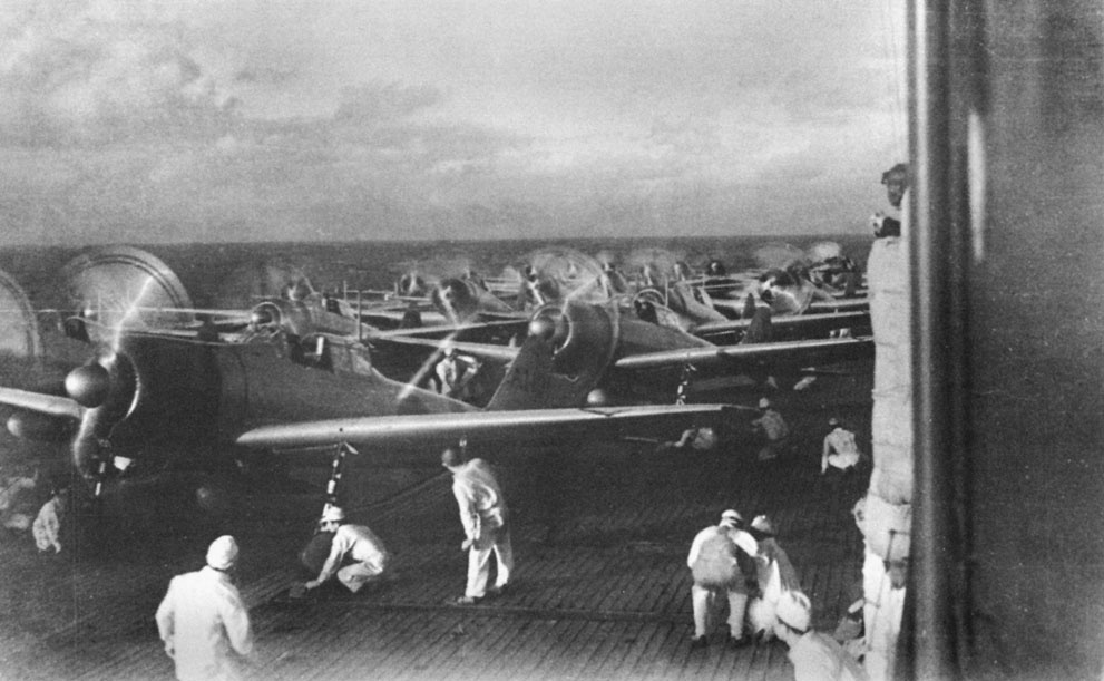 Aircraft prepare to launch from the Imperial Japanese Navy aircr