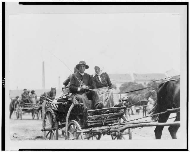 Man and woman on horse-drawn wagon, returning from market, Hunga