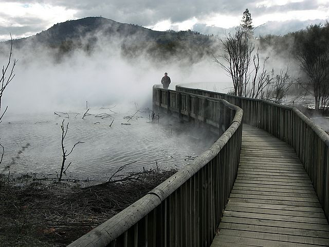 Rotorua bridge mist water