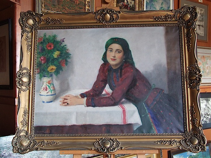 Olajvászon. Lány az asztalnál. Festő Áldor.J. L. 1939. Méret 60×