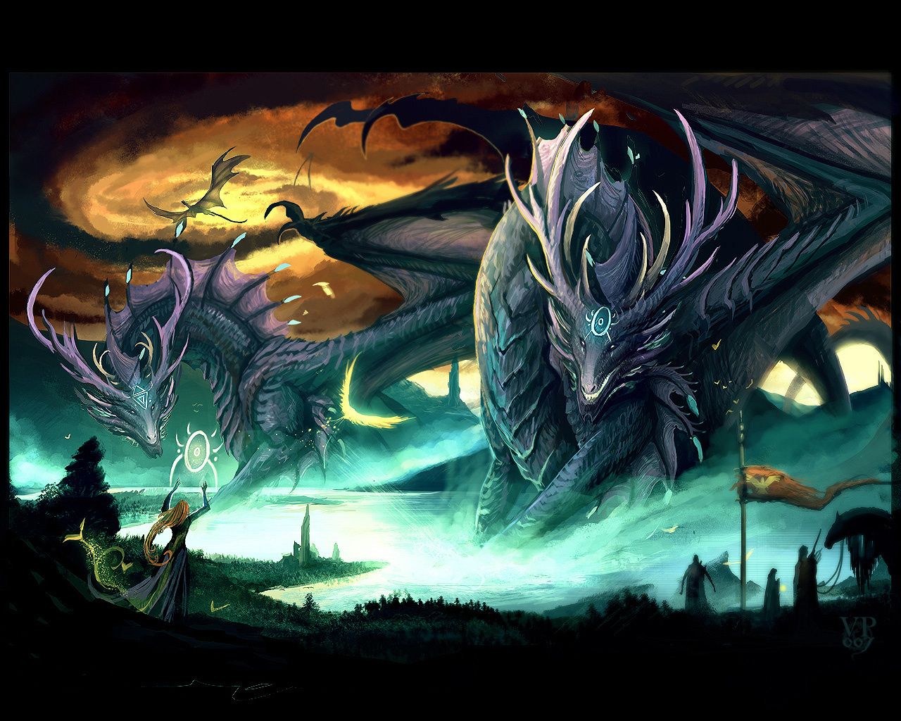 Gigantic Dragons with Witch