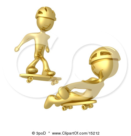 15212-Two-Gold-Figures-Skateboarding-And-Wearing-Helmets-Clipart