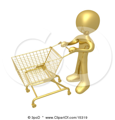 15319-Gold-Person-Standing-With-An-Empty-Shopping-Cart-In-A-Stor