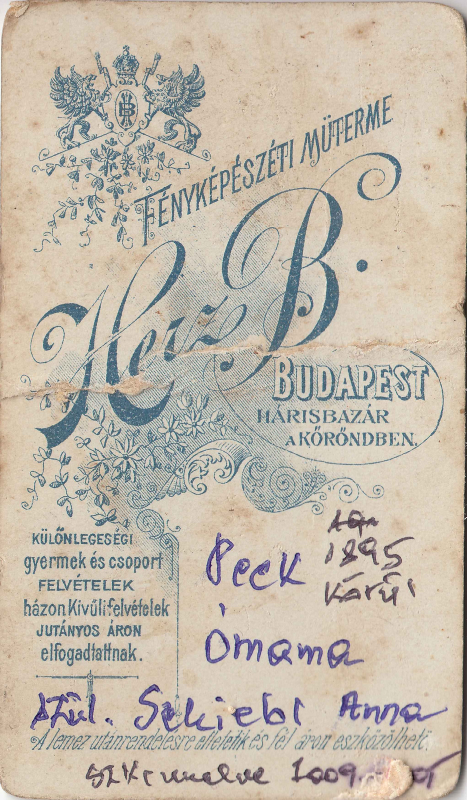 Herz B. cca1895 .ben készült fotó hátlapja (verzó)