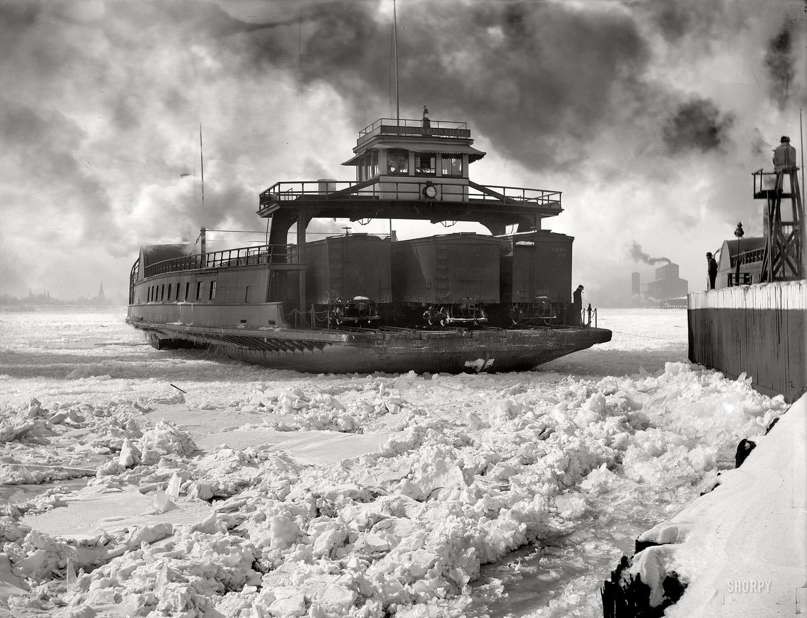 Amerikai gőzkomp télen Detroit-folyó 1900 körül (fotó Shorpy)