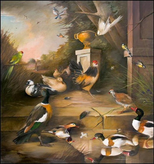 painting of ornamental fowl in a classical landscape (Medium)