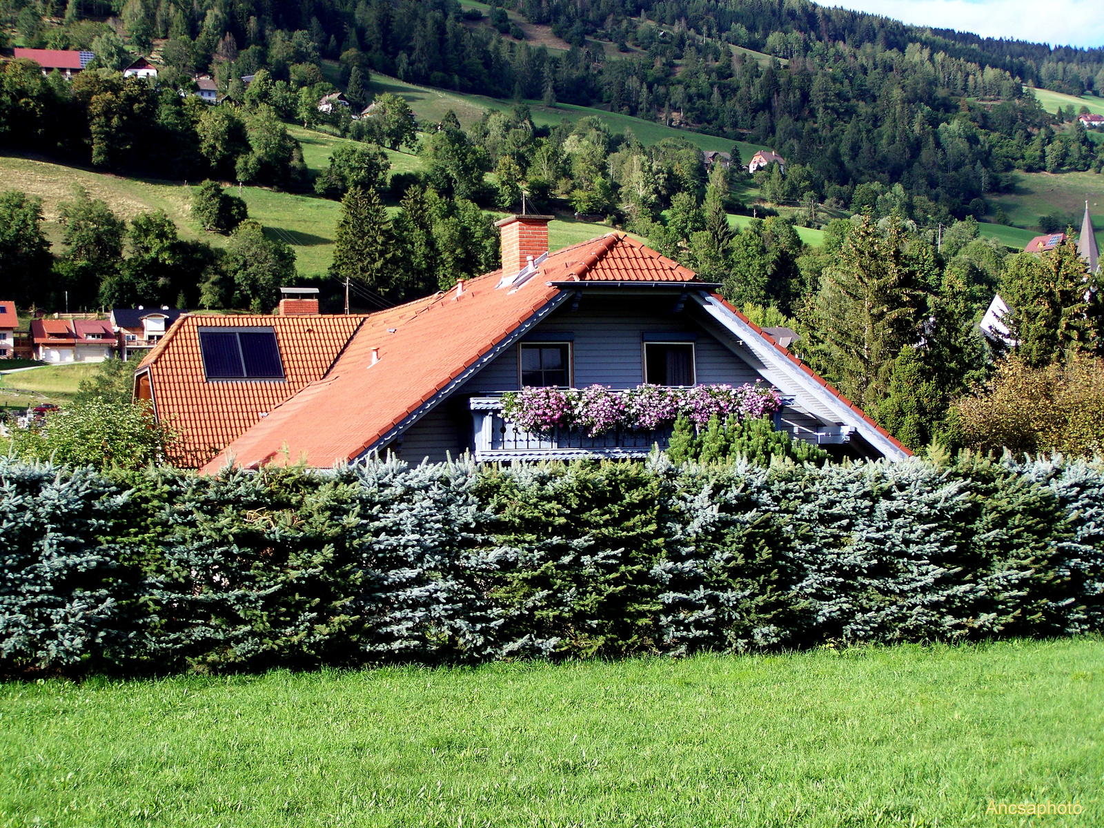Virágos kis ház sövény kerítéssel
